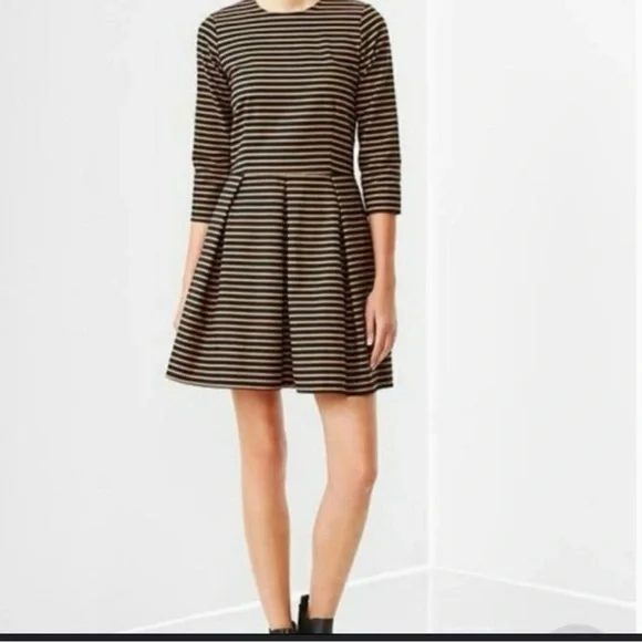 GAP Dress Women 0 Tan Black 3/4 Sleeves Zip Party Holiday Pockets Preppy Striped - Picture 2 of 15